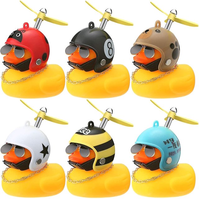 6 piezas de adornos de bicicleta de juguete de pato amarillo de goma, tablero de instrumentos de coche de pato amarillo con hélice