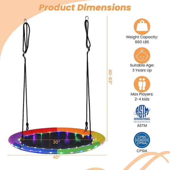 CIPACHO 40" Saucer Tree Swing for Kids and Adults, Outdoor Kids Swing, Multicolor