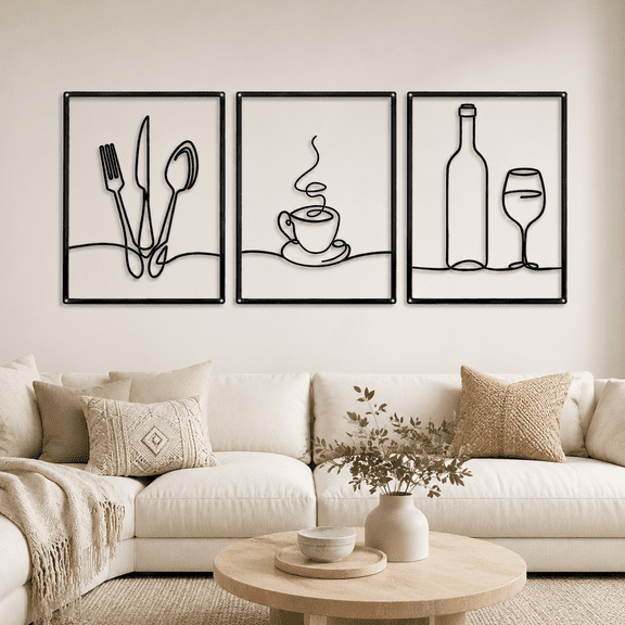 3 Pieces Metal Minimalist Line Kitchen Signs Wall Decor Drawing Rustic Kitchen Wall Art for Kitchen Dining Living Room Home, 14 x 11 Inches (Black)