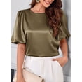thumbnail image 6 of Women'S Satin Silk Blouses Puff Short Sleeve Dressy Casual Tops Loose Fit Crew Neck Cropped Shirts Green S, 6 of 10
