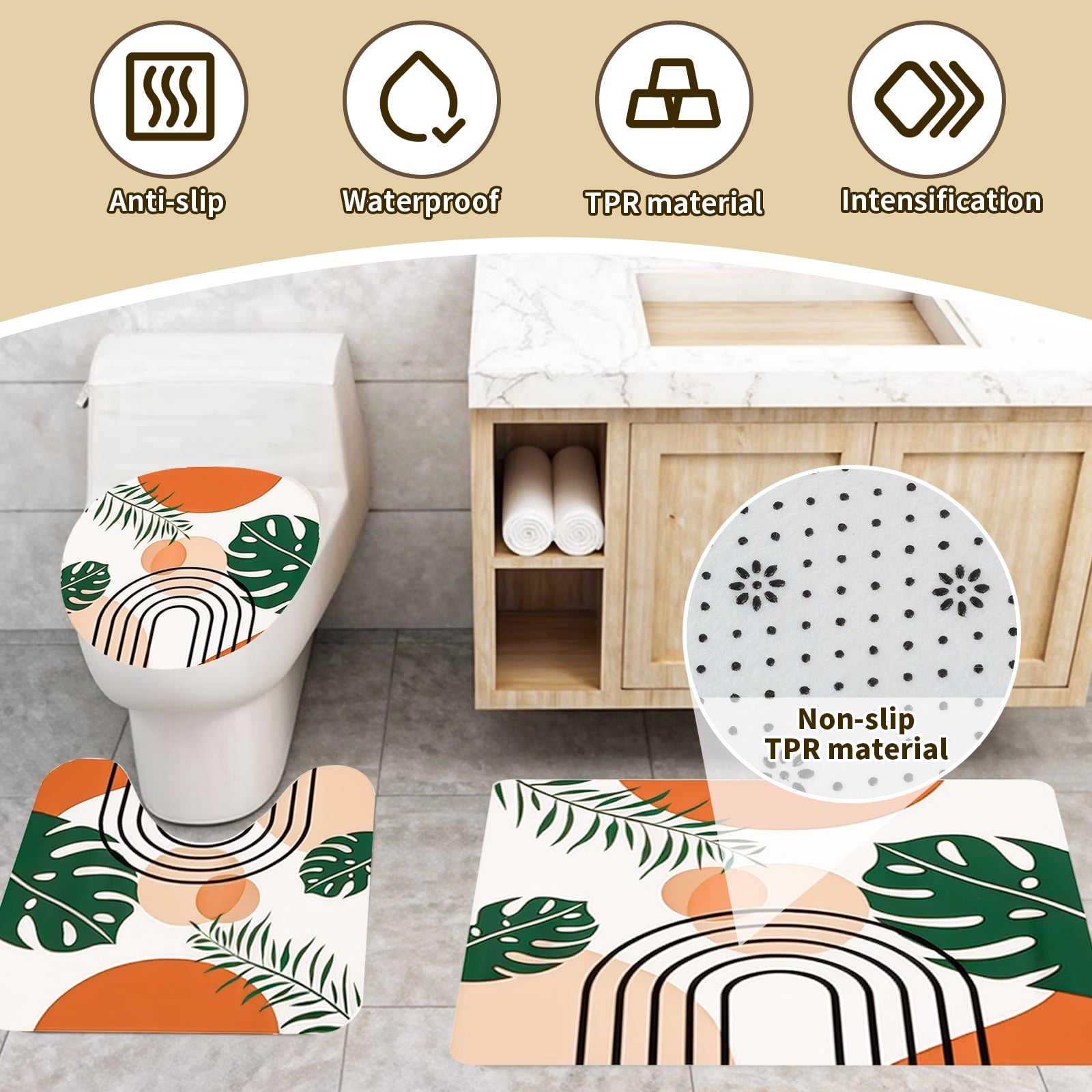 Dznils Abstract Boho Fabric Shower Curtain and Rug Sets, 16pc Modern Bathroom Sets, Brown, 72" x 72"