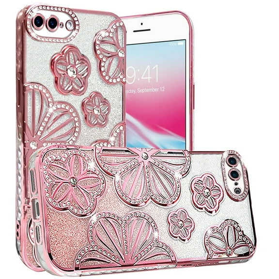 For Apple iPhone SE 3 (2022) SE/8/7 Luxury Floral Design Sparkle Glitter Diamond Crystal Rhinestone Shimmer Bling Plating Thick TPU Hard PC Cover, XPM Phone Case [Flower Rose Gold]