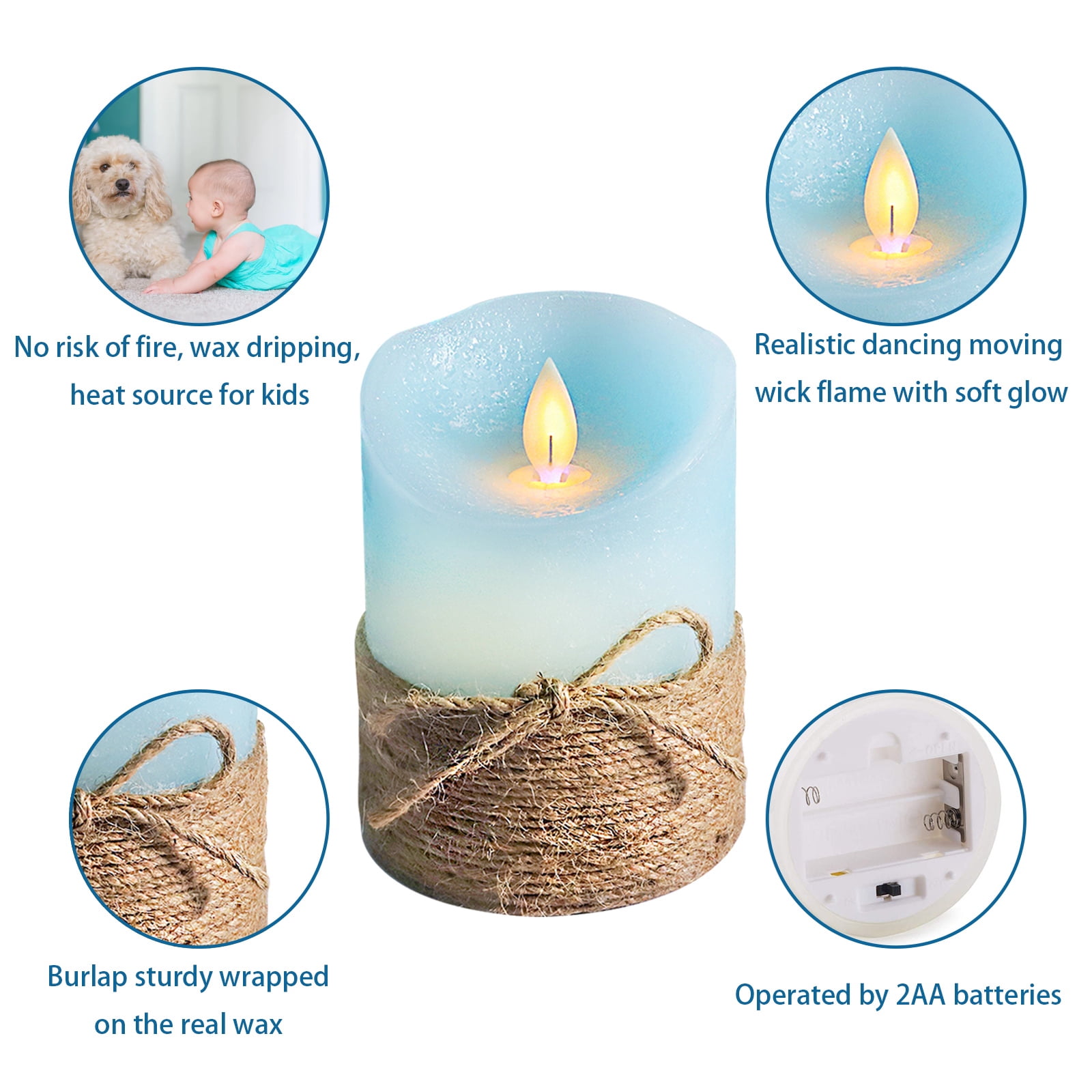 Meltone LED Flameless Candles Blue with Hemp Rope, 3PCS LED Pillar Candles Battery Operated with Remote