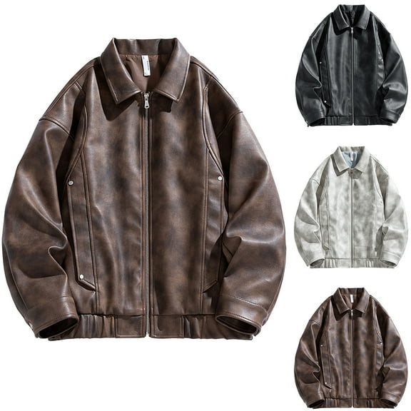 Miluxas Autumn Winter Men's PU Leather Jacket Slim Fit Lapel Collar Zipper Front Casual Men Oversized Coat White