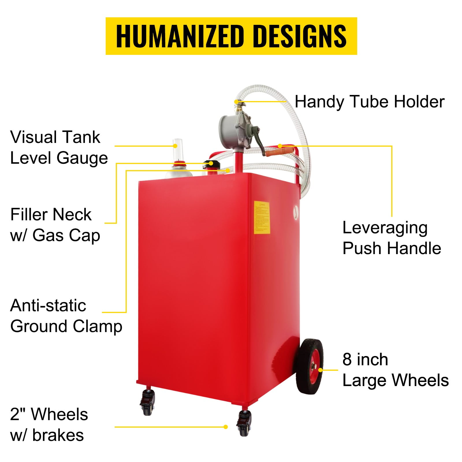 VEVOR Fuel Caddy Fuel Storage Tank 35 Gallon 4 Wheels with Manuel Pump, Red