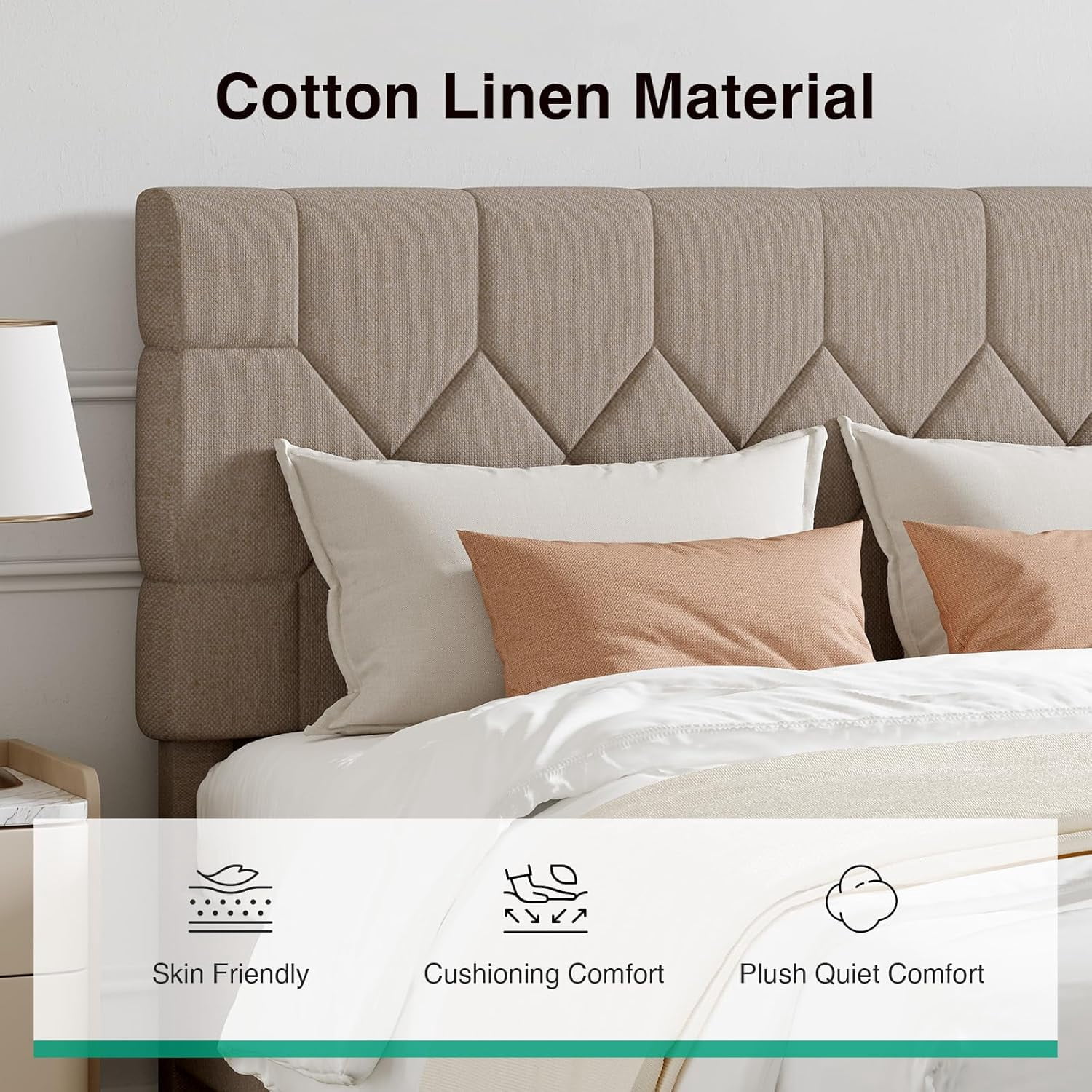Novilla Full Size Bed Frame, Full Bed Frame with Wood Slats Support, Linen Upholstered Pull-Point Headboard, No Box Spring Needed, Heavy Duty Feet, Easy Assembly, Beige