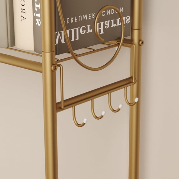 Over The Toilet Storage Shelf, 3-Tier Over Toilet Bathroom Organizer Rack, Freestanding Space Saver Toilet Stands with Hooks, Gold$$