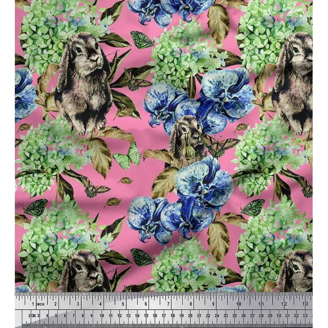 Soimoi Moss Georgette Fabric Rabbit,Lilac & Pansy Floral Print Fabric by the Yard 42 Inch Wide