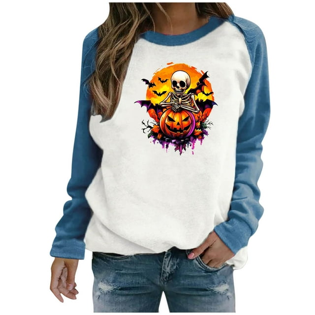 Chandail à Capuche Oversize pour Femmes, Chandail Imprimé Halloween, Col Rond, Manches Longues, Chandail en Molleton Oversize, Hauts Grande Taille Bleu