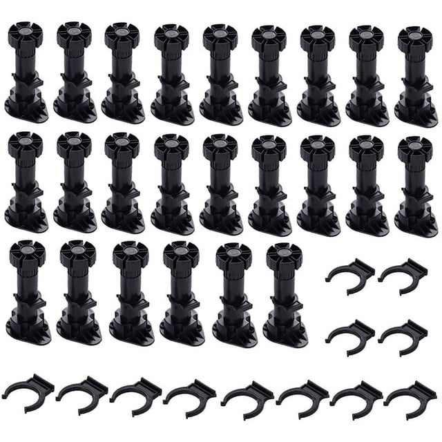 Paquete de 24 patas ajustables de plástico grueso negro para muebles con soporte de clip para muebles de cocina o baño, gabinete y sofá (120-150 mm), (HjjnmoY026)