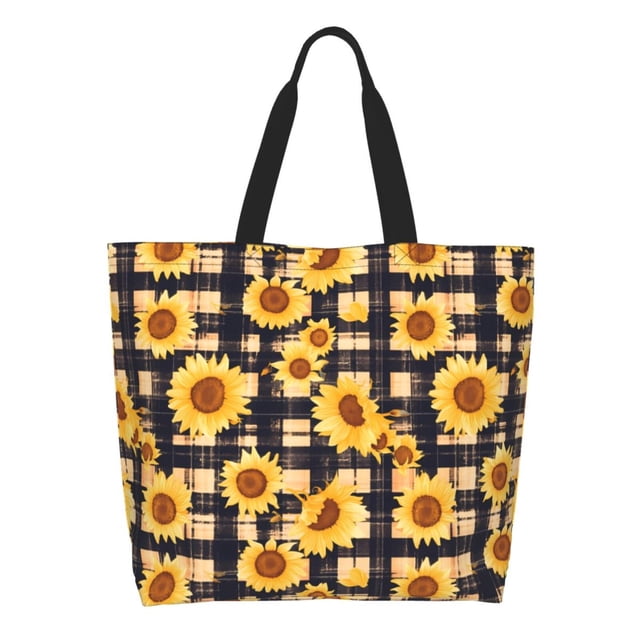 Fotbe Vintage Black White Plaid Sunflowe Bolsa Tote Estética de Lona con Estampado para Mujer - Bolsa Reutilizable de Hombro Casual para Vacaciones, Compras, Trabajo y Gimnasio