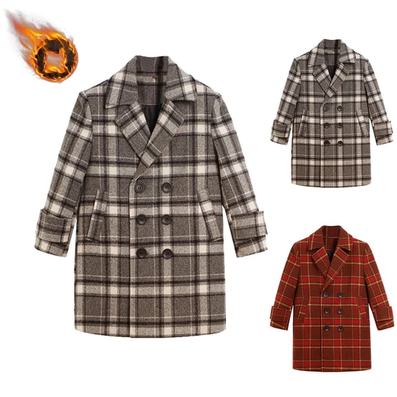 Agkizg Boys Plaid Quilted Wools Coat Thick Winter Overcoat with Pockets Solid Color Stylish Casual Outerwear