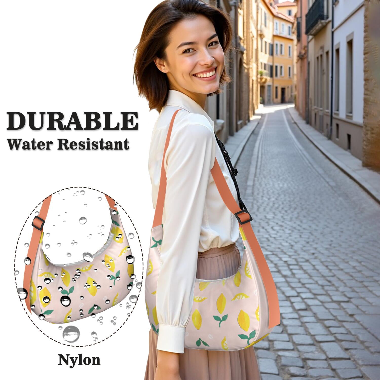 Summer Lemon Pattern Nylon Hobo Bag for Women, Bright Yellow Lightweight Shoulder Purse, Retro Crossbody Tote Handbag, Water-Resistant and Durable for Travel