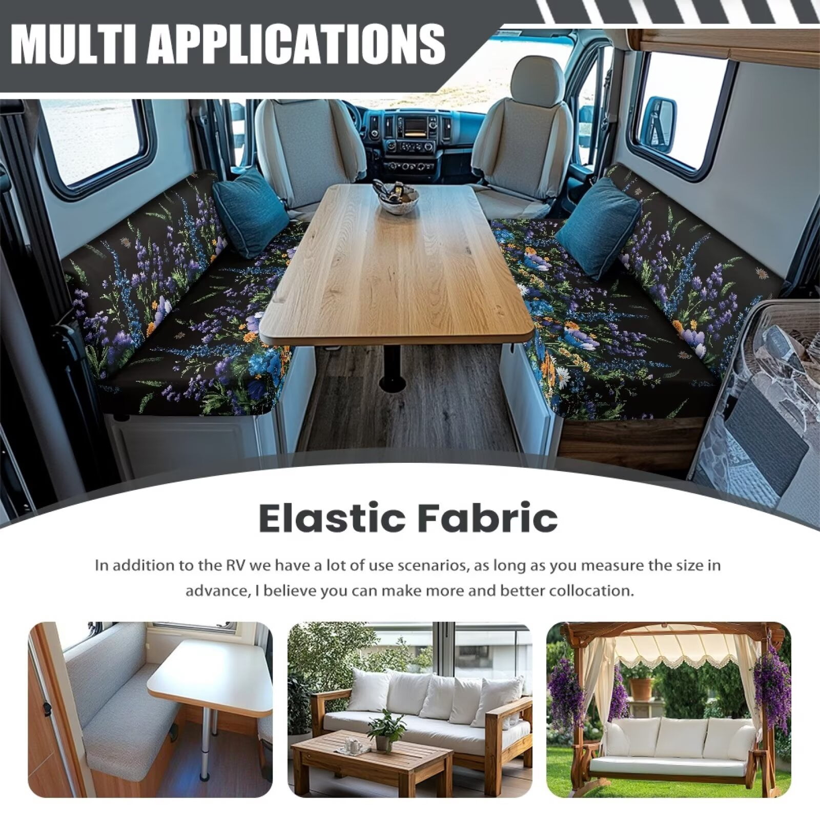 XYZCANDO Daisy RV Dinette Cushion Covers Camper Decor Stretchable Slip Covers for Loveseat Universal Bench Cushion Washable Sofa Covers for 2 Cushion Couch Camper Black