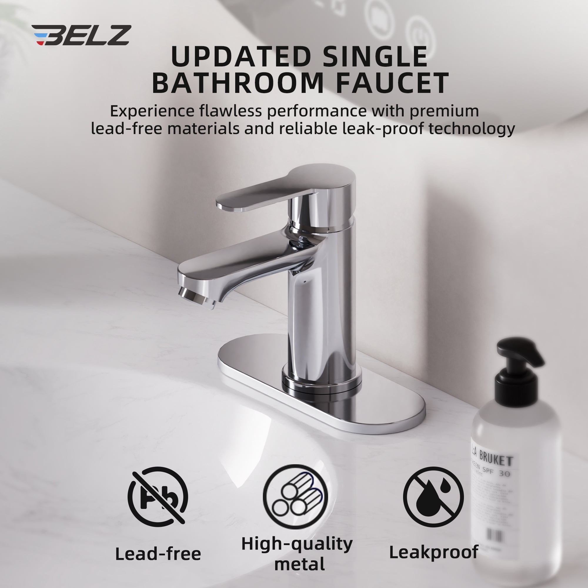 BELZ Bathroom Faucet Chrome Modern Bathroom Sink Faucet with Single Handle Suitable for 1 or 3 Holes,Supply Deck Plate and Hose