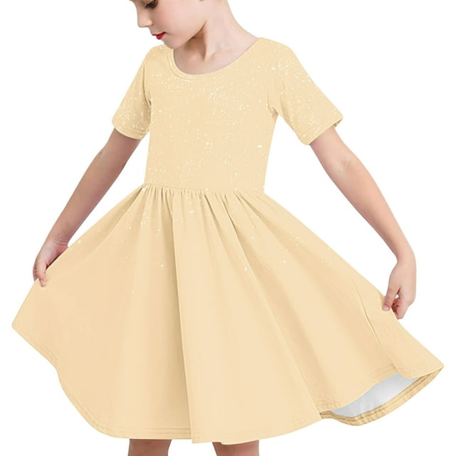 Odeerbi Niñas de Verano Vestido de Línea A Brillante Swing Vestido Niños Color Sólido Vestido Elástico de Manga Corta