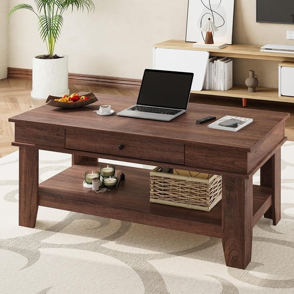 47.2In Walnut Rustic Coffee Table with Drawer and Shelf for Living Room