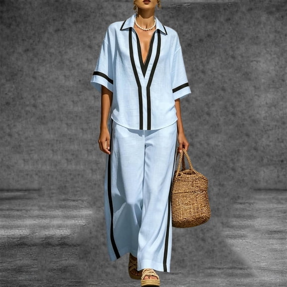 Cagogo Women Plus Size 2 Piece Outfits V Neck Short Sleeve Shirt Wide Leg Pants Set Casual Summer Vacation Travel Clothes Loose Boho Matching Lounge Sets, Light Blue 2XL