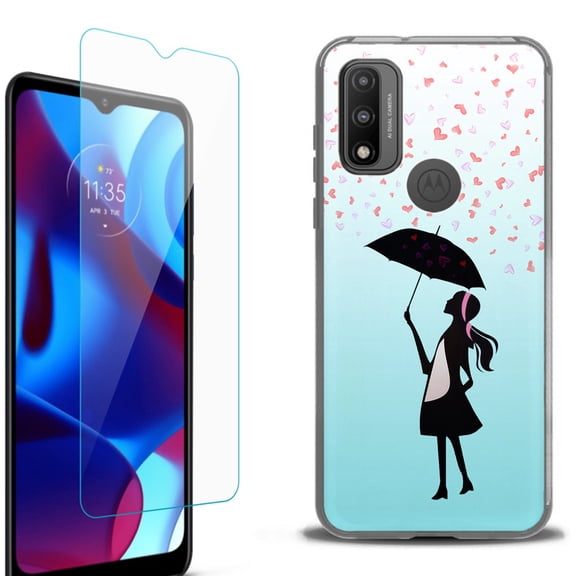 Slim-Fit Protective Phone Case (Black) compatible with Motorola Moto G Pure 5G, with Tempered Glass Screen Protector, by OneToughShield ® - Rain/Hearts