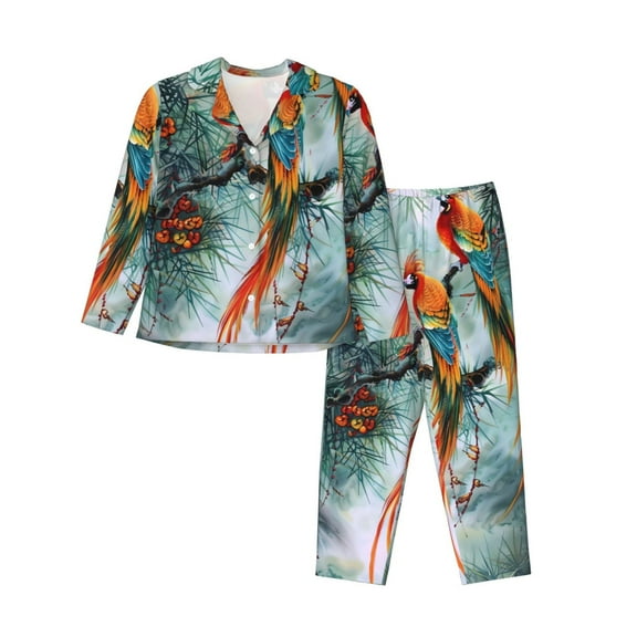 Saiise Exotic Birds Forest Print Women Soft Pajama Sets,Long Sleeve Sleepwear Button Up 2-Piece Pjs Lounge Sets-Small