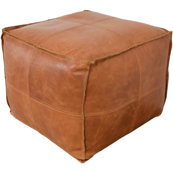 Square Leather Pouf Ottoman - Tan Brown Cowhide - 20D x 20W x 16H