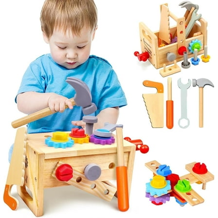 Kids Tool Set for Boys - 29 Pcs Wooden Toddler Tool with Box, Montessori Stem Educational Pretend Play Construction Toy Birthday Gift for Boys Age 2-6