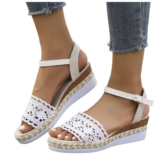 Espadrilles for Women Open Toe Platform Wedge Sandals Knit Band Ankle Strap Summer Dress Shoes Slingback Heels White Size 7