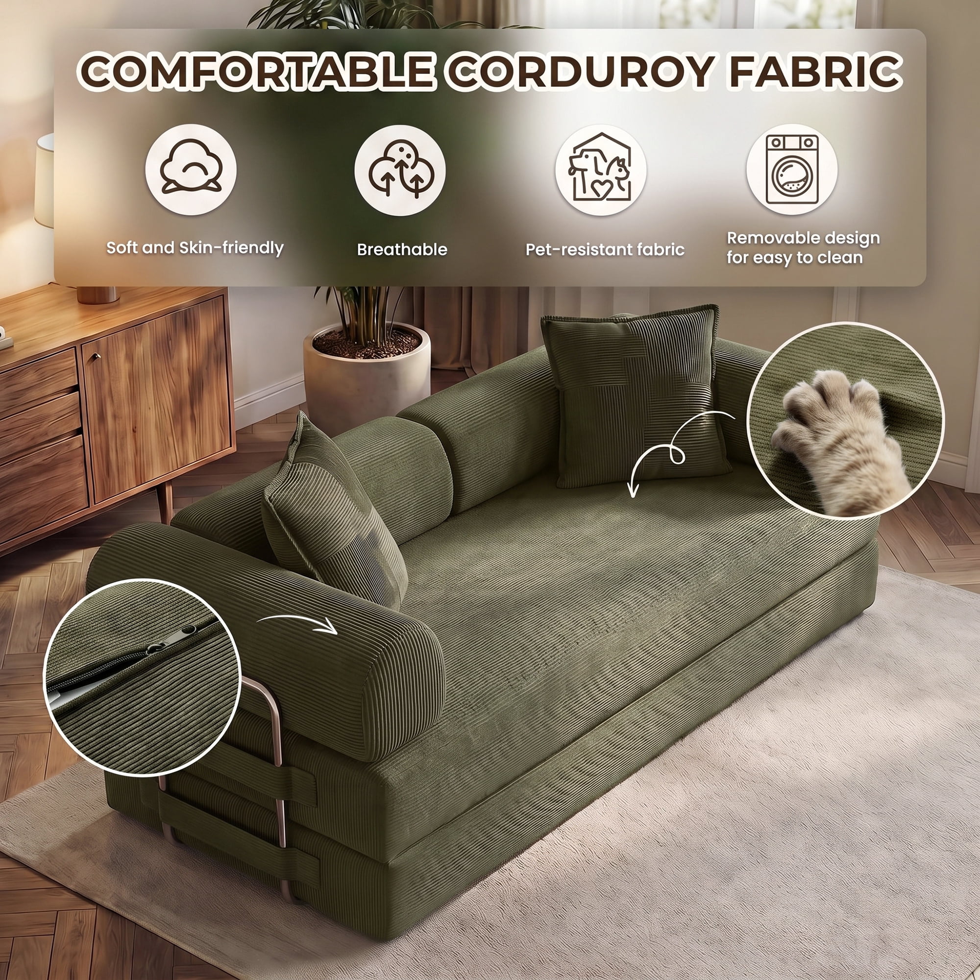 Aukfa 79" Convertible Futon Sofa Bed with Fixed Frame, 5-in-1 Boneless Couch for Living Room, Corduroy, Green