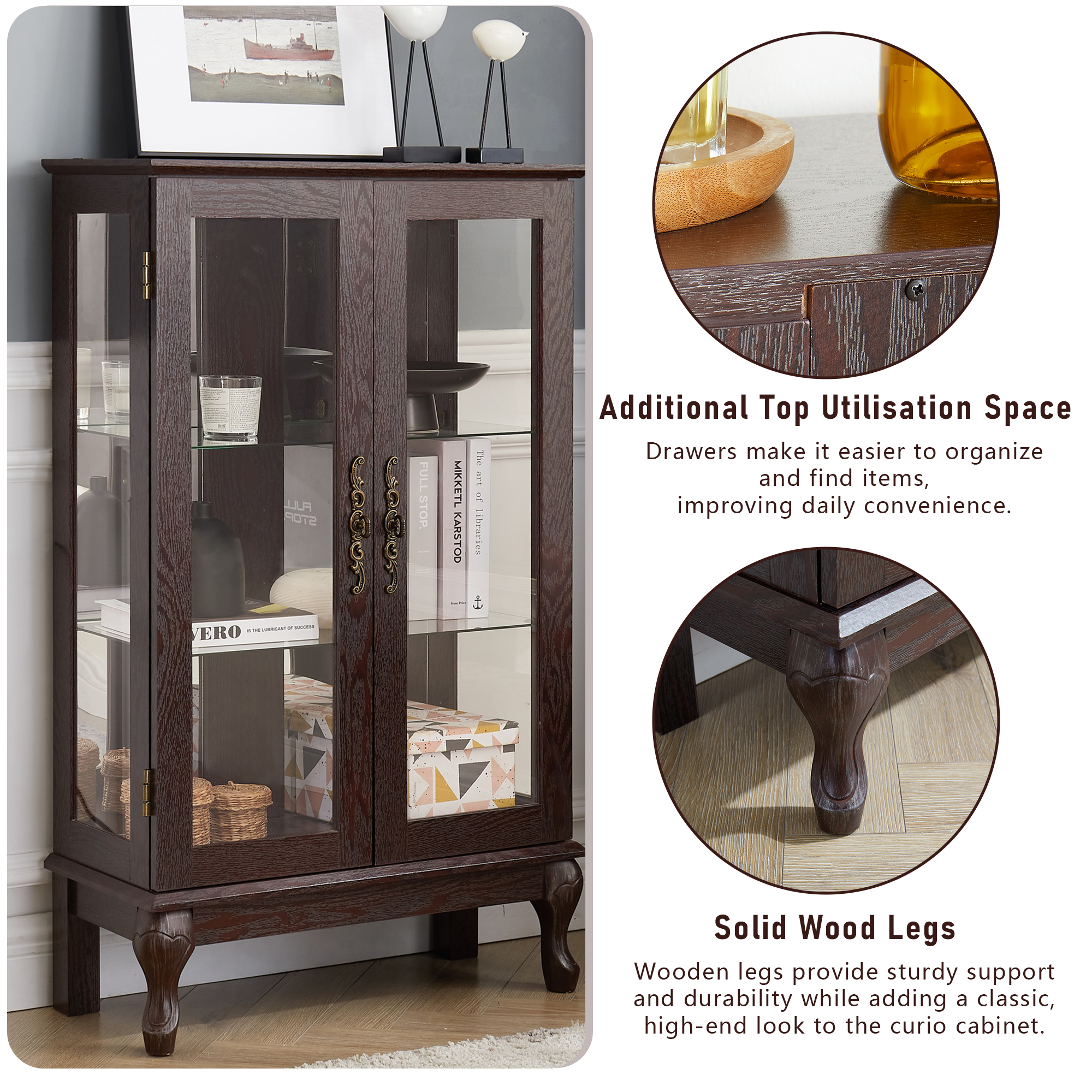 Miniyam Curio Display Cabinet with Light & Tempered Glass Doors, Dark Walnut
