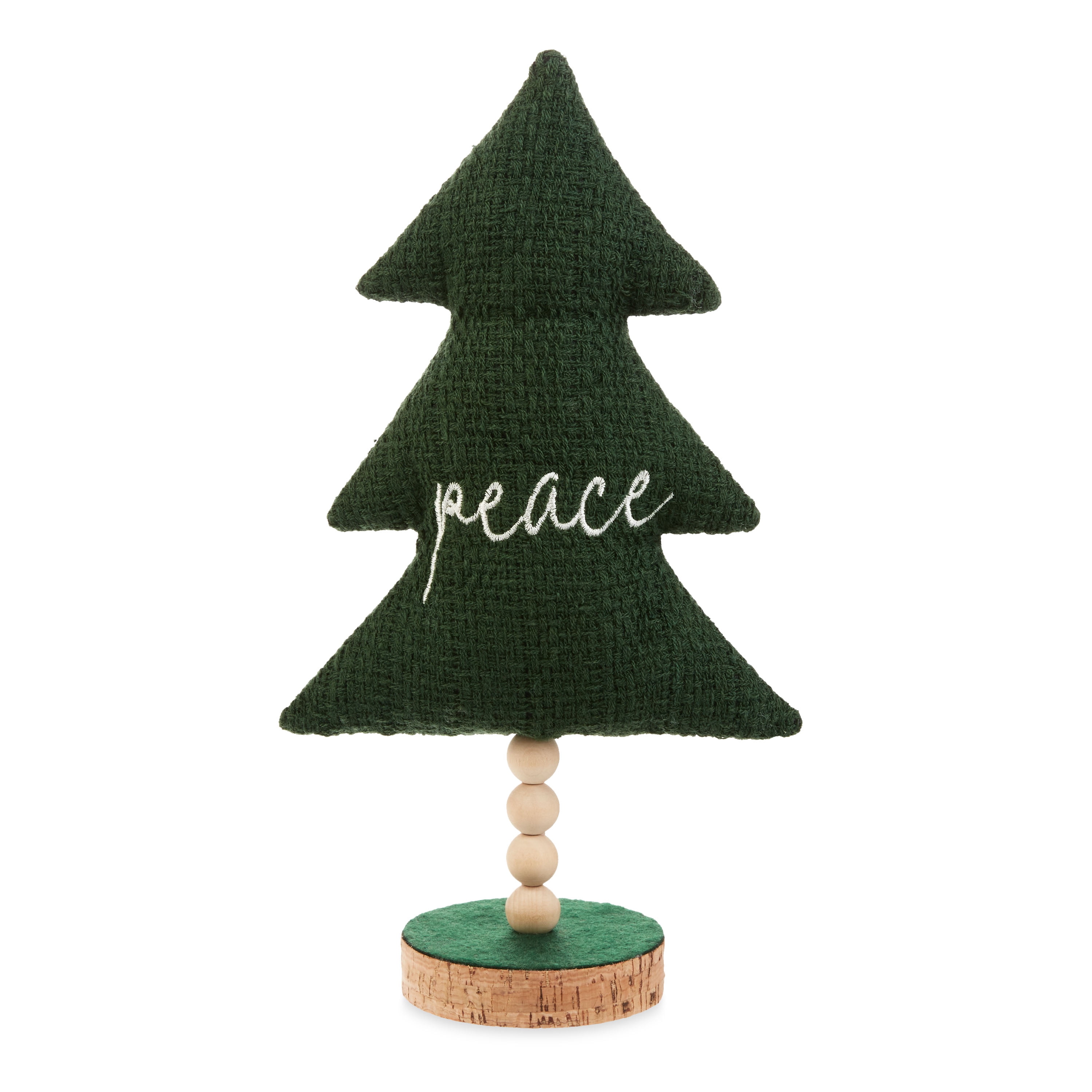 Holiday Time Green Knitted Fabric with Peace Script Tree Tabletop Decoration, 11.5"H
