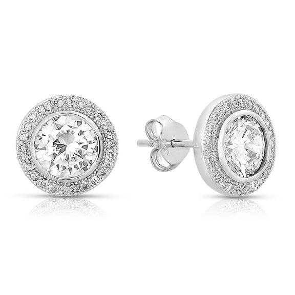 Tilo Jewelry 925 Sterling Silver Round Halo Stud Earrings with Cubic Zirconia CZ Stones | Secure Push-Backs | Women, Men, Unisex