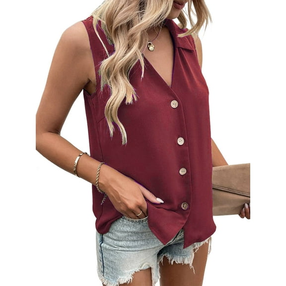 Women'S Casual Collar V Neck Button Down Sleeveless Tunic Blouse Shirt Tank Top Wine Red M