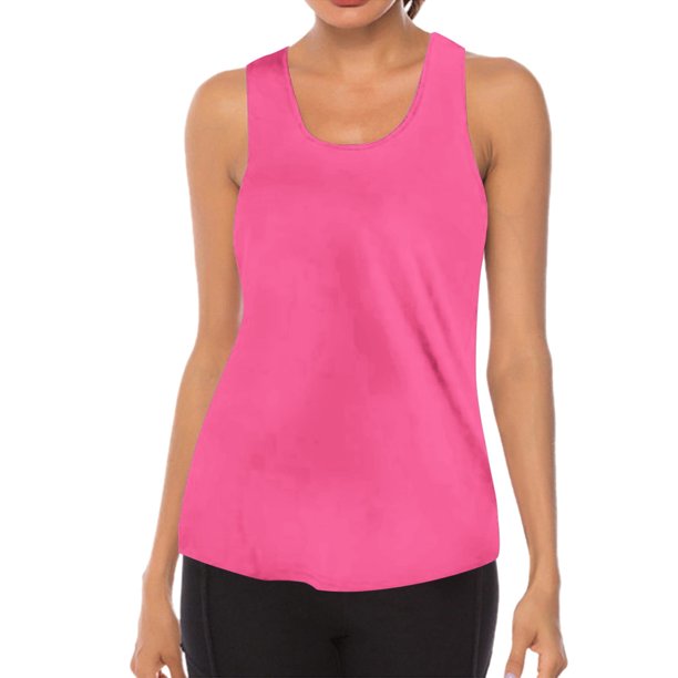 Prolriy - Camiseta deportiva para mujer, sin mangas, transpirable, con cuello redondo, para gimnasio, yoga, color rosa intenso, talla L