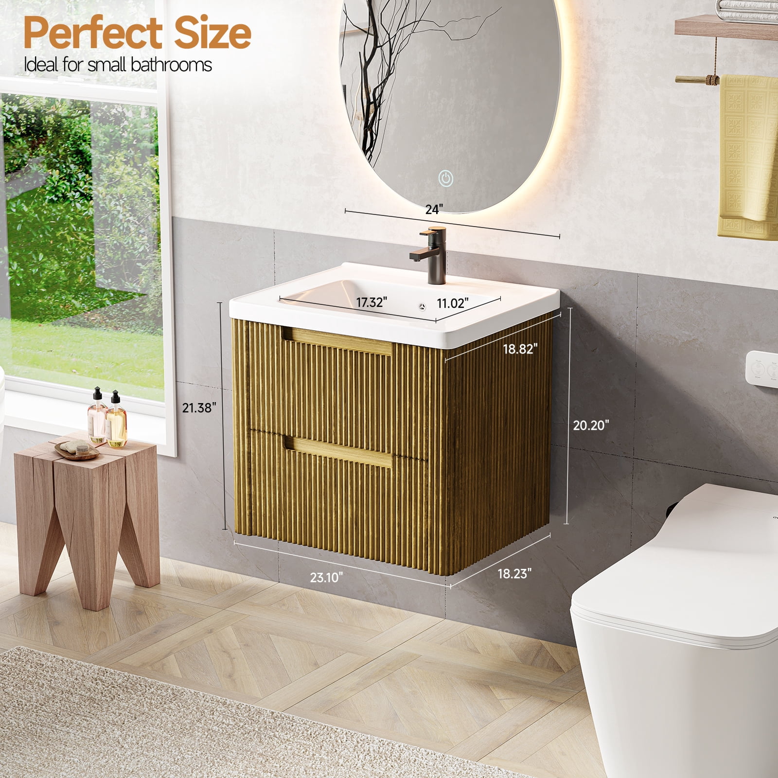 ROGALIS 24" Modern Bathroom Vanity, 2-Drawer, glossy resin Sink, Fluted Design, Drak Gold