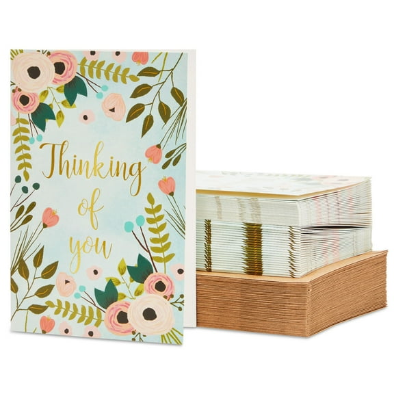 BEST PAPER GREETINGS 48 Pack Thinking of You Cards Bulk with Brown Envelopes, Gold Foil and Floral Design (4x6 In) - Thinking of You Cards with Envelopes