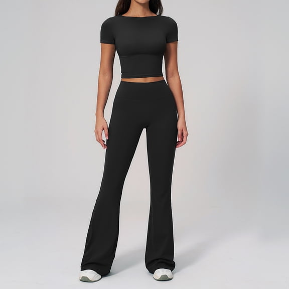 PISONIC 2 Piece Workout Sets for Women Short Sleeve Crop Top High Waist Flare Leggings Set Gym Yoga Outfits