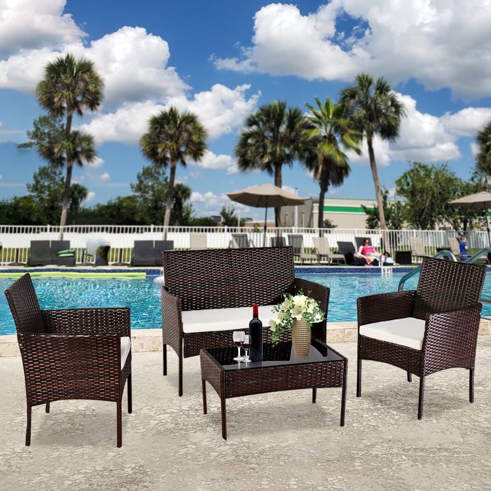 4 Piece Wicker Patio Set, Outdoor Patio Furniture Sets with Wicker