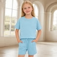 thumbnail image 7 of XEGLSBU Girls Summer Basic Top Bottom Set Girls Casual Outfit Loose Fit Short Sleeve Top with Shorts Solid Color Two Piece (Blue Size 7-8 Years), 7 of 7