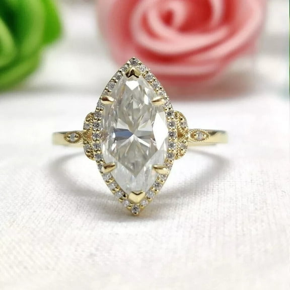 Gems Jewels Women's 925 Sterling Silver 2.30 Ctw Marquise Cut White Diamond Wedding Anniversary Engagement Halo Ring 14K Yellow Gold Plated -4