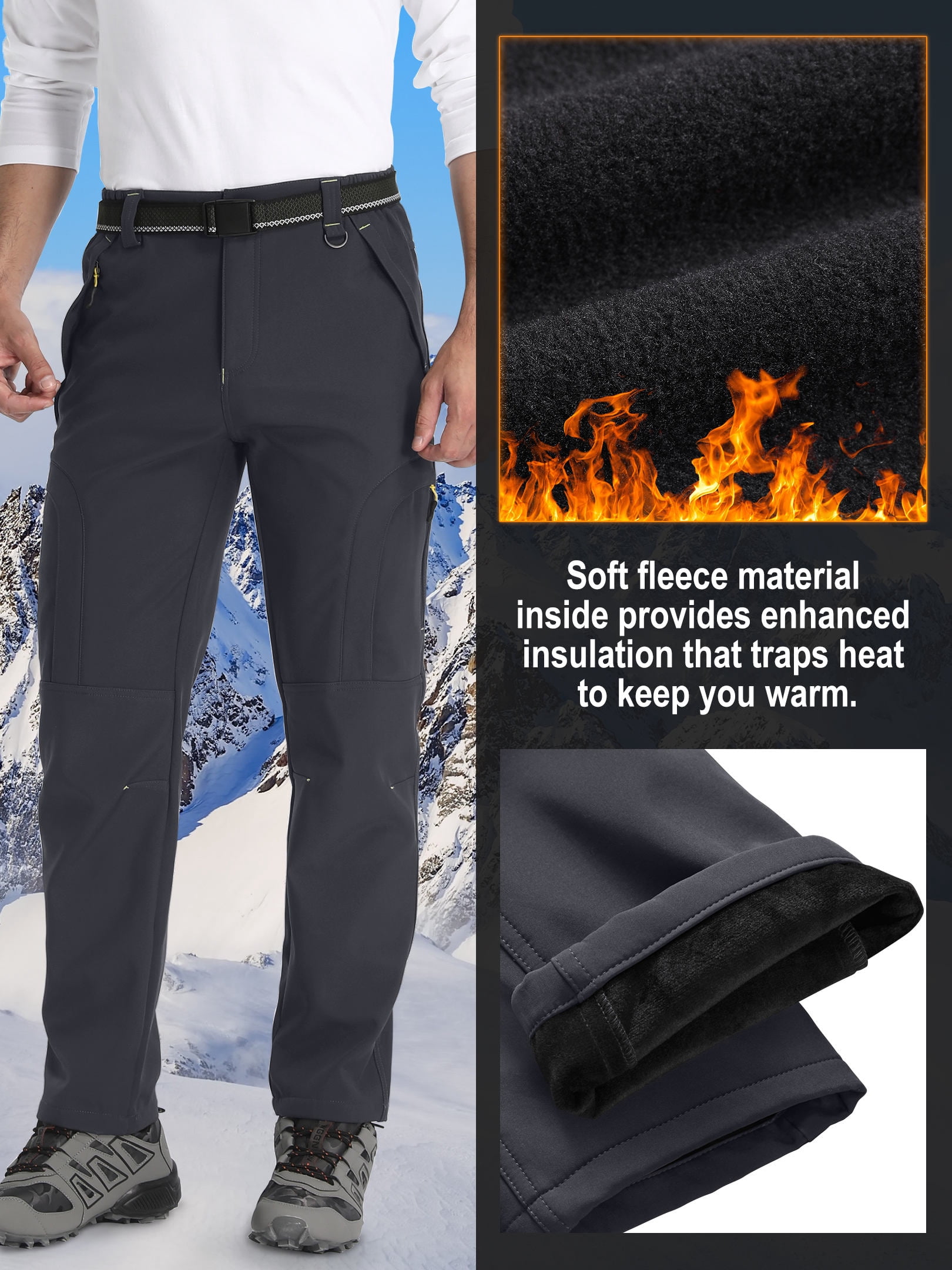POENTAB Fleece Lined Pants For Men Water Resistant Windproof Ski Snow Pant Winter Thermal Work Trousers with Zipper Pockets Grey 36