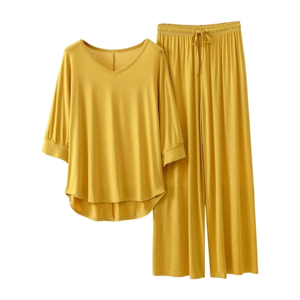 Conjunto de pijama de manga 3/4 para mujer: top con cuello en V y pantalones con cintura elástica, tejido de poliéster, ropa informal para estar por casa - Tallas L/XL