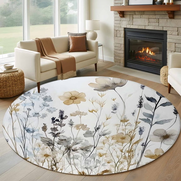 Round Rugs 5Ft, Rustic Flowers Round Area Rug Washable Indoor Throw Carpet, Watercolor Botanical Floral Herbs Plants Soft Non Slip Circle Rug for Cabinet Bathroom Home Decor Aesthetic