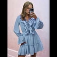 thumbnail image 4 of Vestido Corto Informal de Verano para Mujer, con Escote en V, Larga, Holgado, Cintura Alta, Plisado y Volantes Azul M, 4 of 8