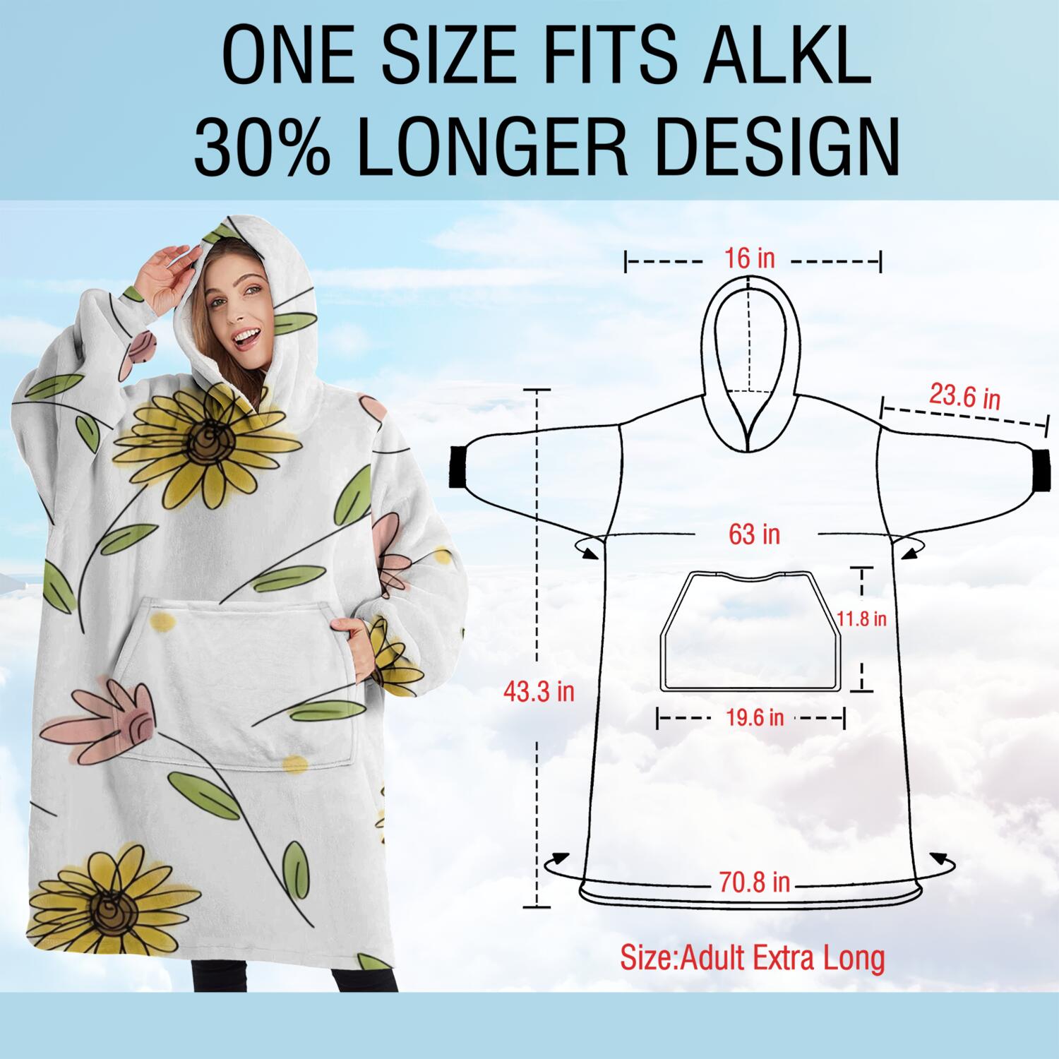 Oversized Wearable Blanket Hoodie,White Pink Flower Green Leaf Pattern Sherpa Blanket Hoodie with Super Pockets,Super Warm Fuzzy Pullover for Women & Men