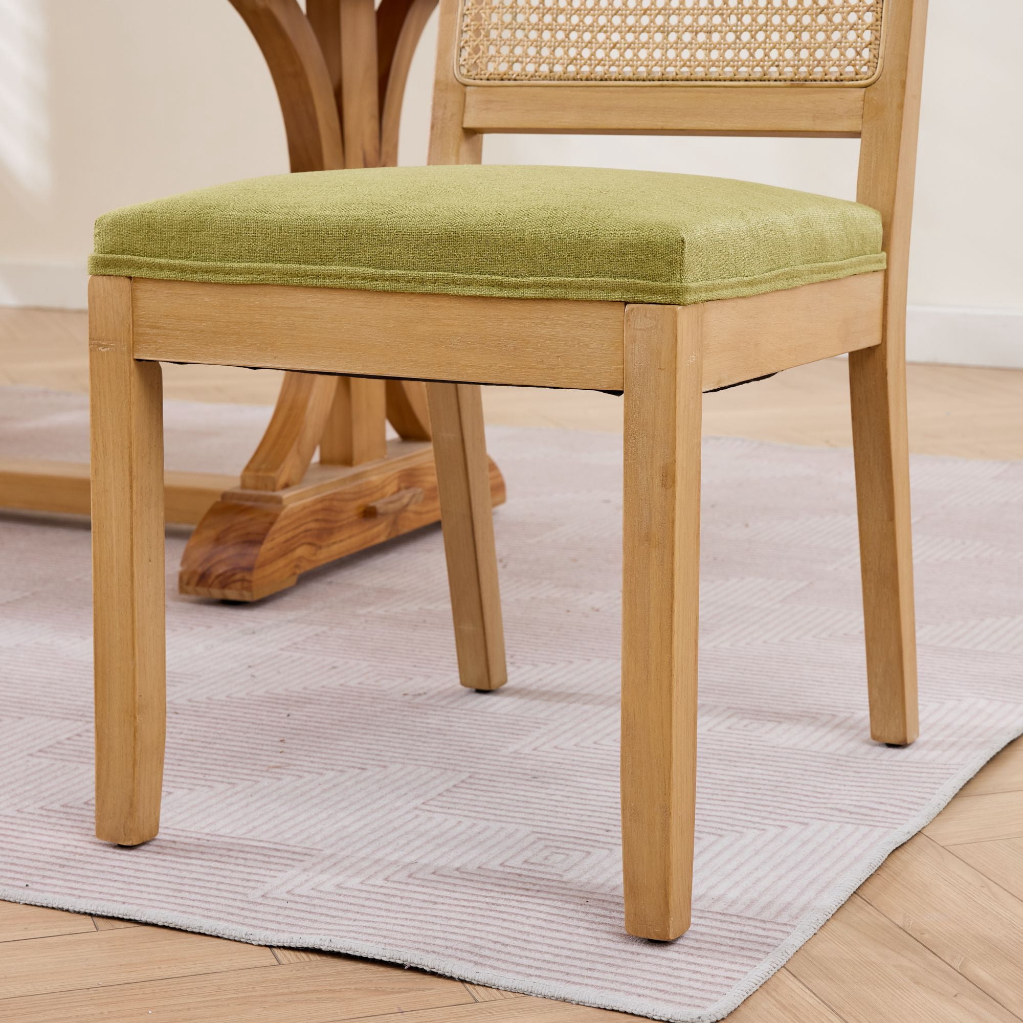 Leumius Rattan Dining Chairs Set of 2, Cane Upholstered Kitchen Side Chair with Natural Hardwood Frame for Kitchen, Dining Room, Living Room Olive Green