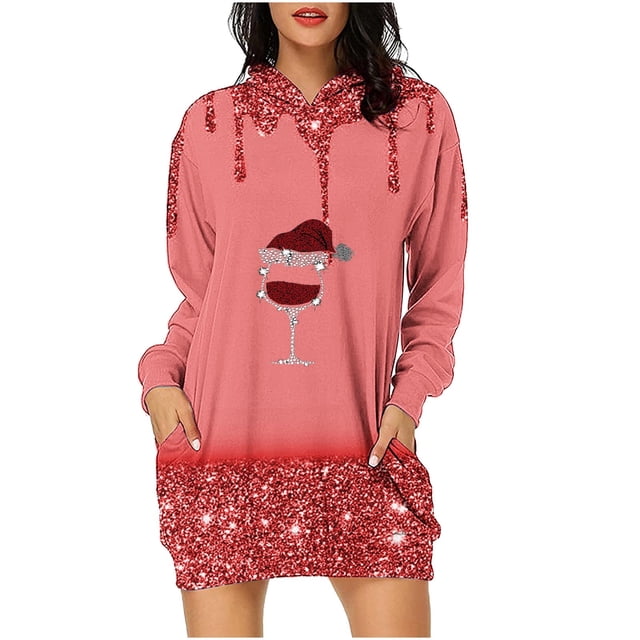 Pisexur Robes de Noël pour Femmes Mode Imprimé Verres à Vin Rouge Robes de Fête Décontractées à Manches Longues Sweat à Capuche Robes d'Automne de Noël Mini Robe avec Poches