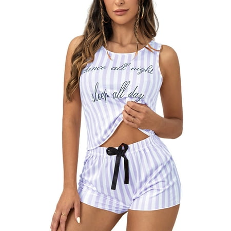 

Grianlook Women Nightwear Crew Neck Sleepwear Sleeveless Pajamas Sets Ladies Elastic Waist Lounge Set Wide Leg Striped 2 Piece Outfits Lavender Purple S