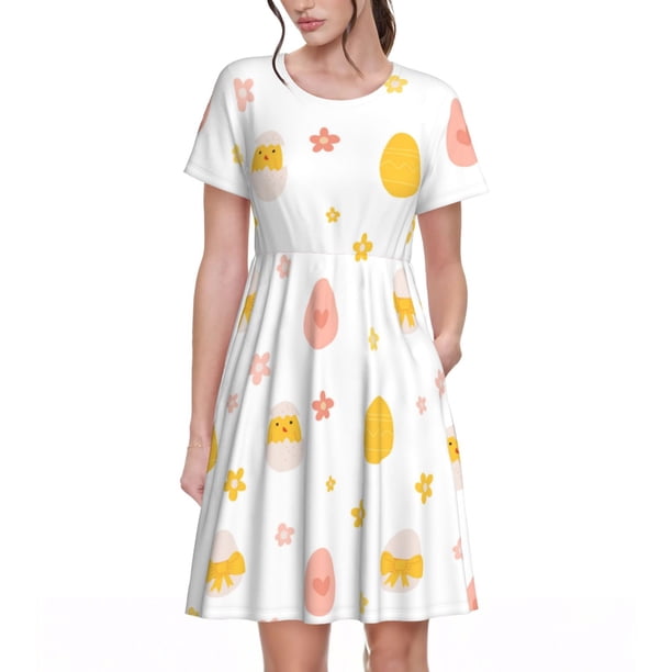 Disketp Funny Chicken para Vestido de Manga Corta para Mujeres, Vestidos de Verano para Mujeres, Casual y Holgado para la Playa