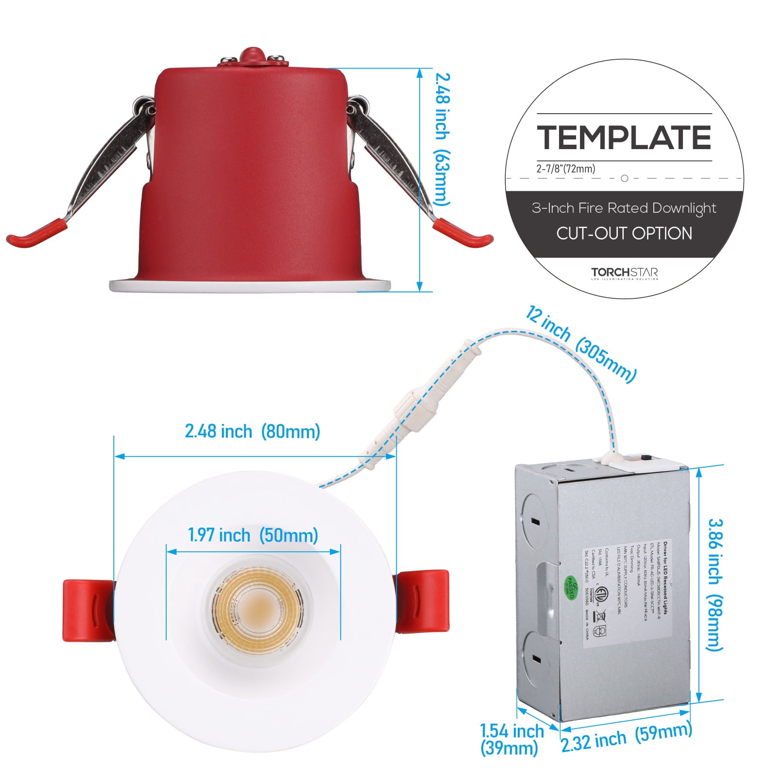 2 Pack 3 Inch 8W Fire Rated Deep Baffle LED Recessed Light, 5CCT Dimmable Canless Downlight with J-Box, Meets UL263 & ASTM E119, 2 Hour Fire-Rated Commercial Ceilings