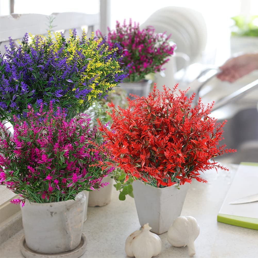 8 Bundles Outdoor Artificial Lavender Fake Flowers UV Resistant Shrubs, Faux Plastic Greenery for Indoor Outside Hanging Plants Garden Porch Window Box Home Wedding Farmhouse Decor (Fuchsia)